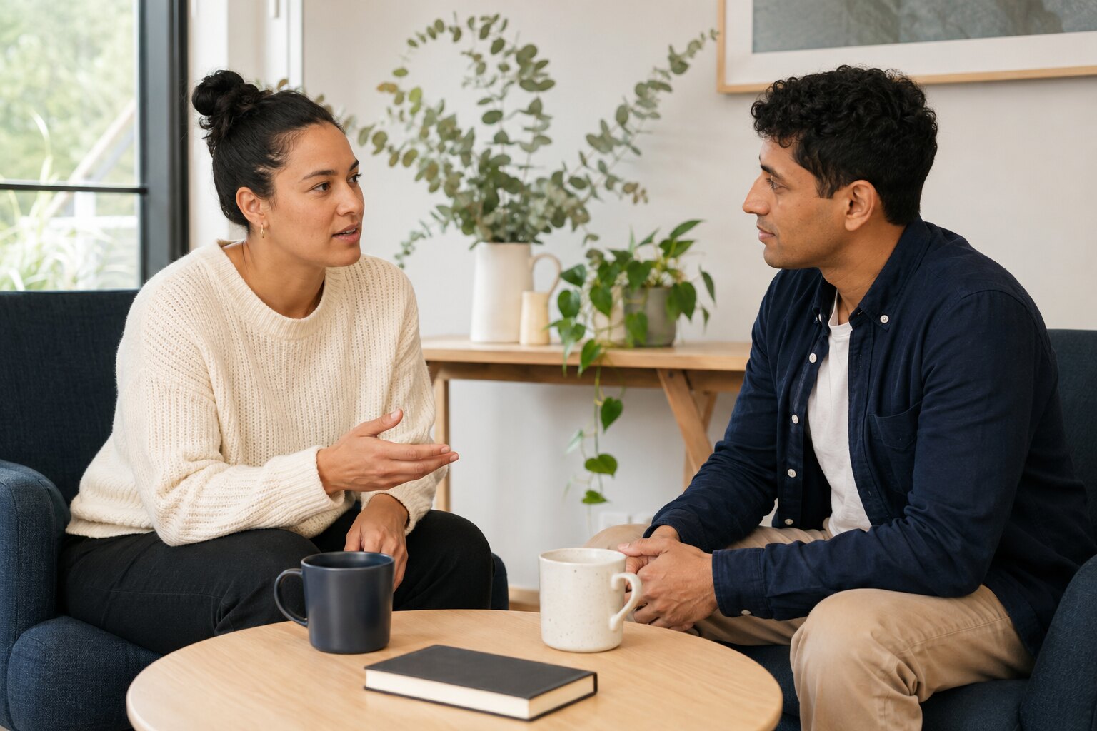 Two adults having a calm, recovery-oriented mental health support conversation