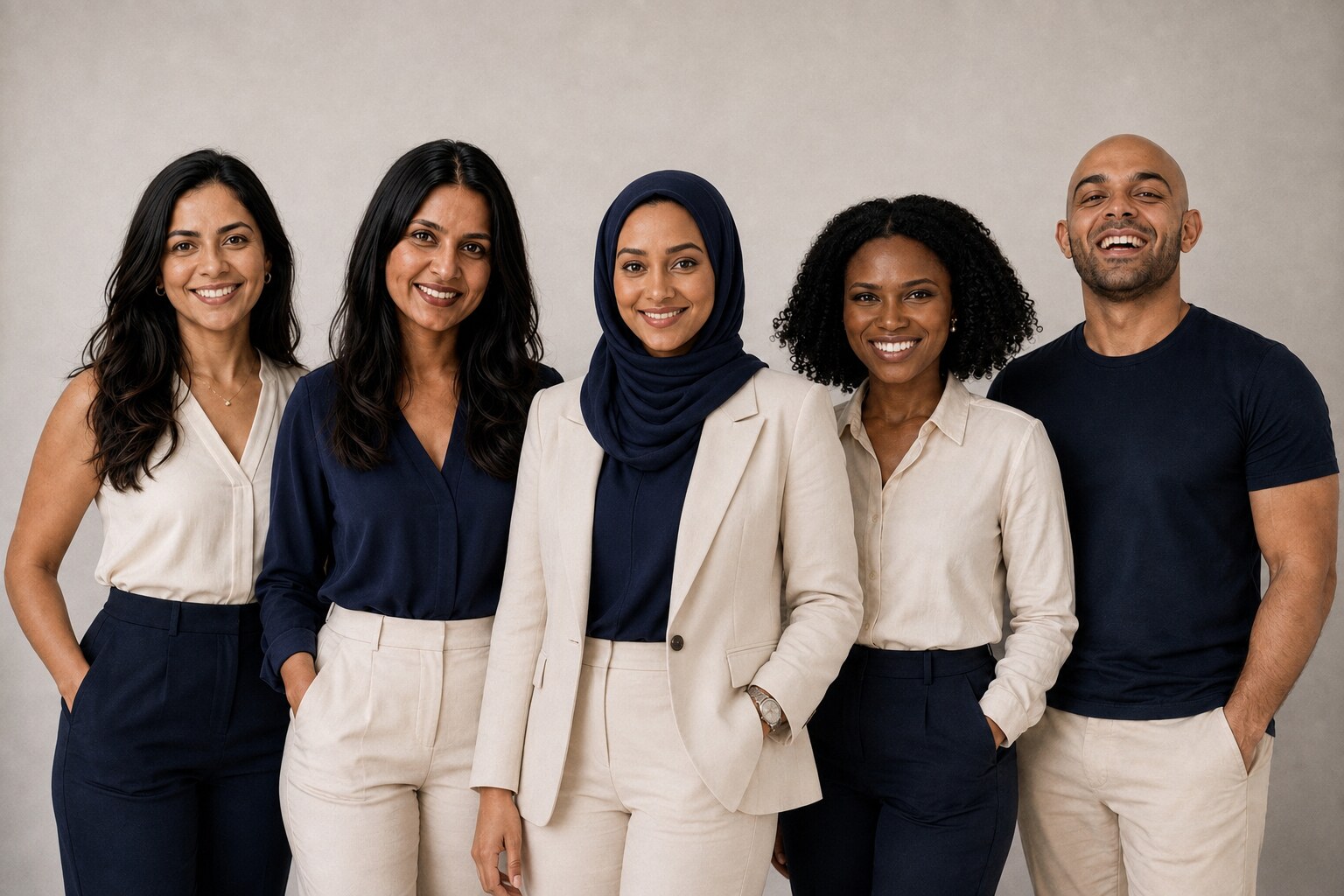 The Attentive Quality Care team together in coordinated navy and cream attire
